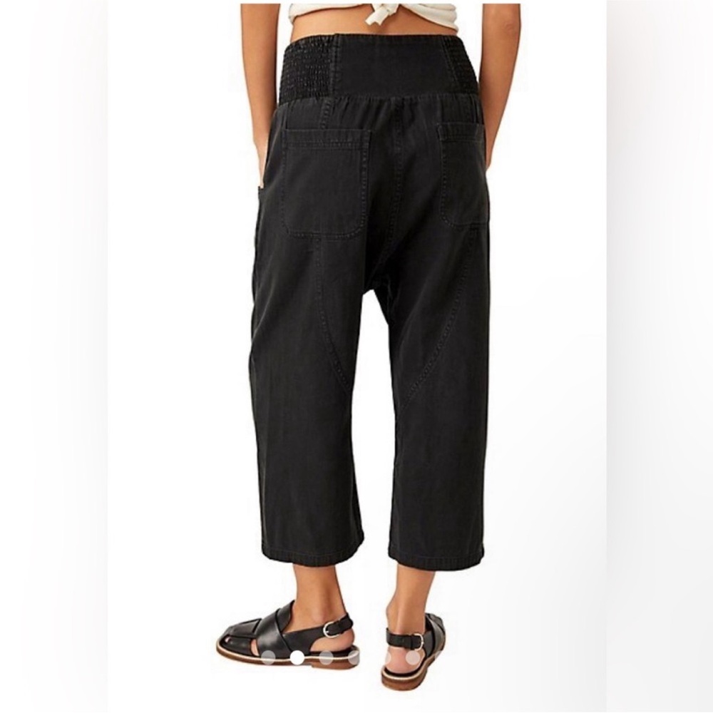 Free People Black Cropped Wide-Leg Smocked Waist Pants - Picture 2 of 13